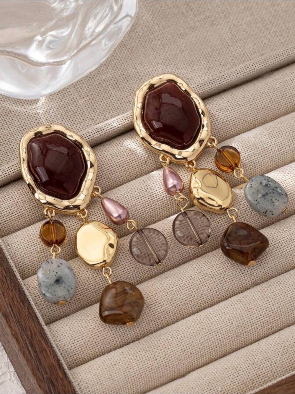 Multi Stone Dangle Earrings with Burgundy Accent - Picture 3 of 4